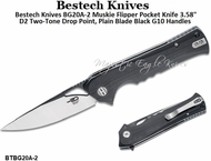 Bestech Knives BG20A-2 Muskie Flipper Pocket Knife 3.58" D2 Two-Tone Drop Point, Plain Blade Black G10 Handles Bestech Knives BG20A-2 Muskie Flipper Pocket Knife 3.58" D2 Two-Tone Drop Point, Plain Blade Black G10 Handles
