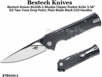 Bestech Knives BG20A-2 Muskie Flipper Pocket Knife 3.58" D2 Two-Tone Drop Point, Plain Blade Black G10 Handles Bestech Knives BG20A-2 Muskie Flipper Pocket Knife 3.58" D2 Two-Tone Drop Point, Plain Blade Black G10 Handles