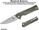Bestech Knives BG20B-1 Muskie Flipper Pocket Knife 3.58" D2 Satin Drop Point, Plain Blade Green G10 Handles 