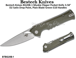 Bestech Knives BG20B-1 Muskie Flipper Pocket Knife 3.58" D2 Satin Drop Point, Plain Blade Green G10 Handles 
