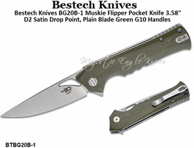 Bestech Knives BG20B-1 Muskie Flipper Pocket Knife 3.58" D2 Satin Drop Point, Plain Blade Green G10 Handles Bestech Knives BG20B-1 Muskie Flipper Pocket Knife 3.58" D2 Satin Drop Point, Plain Blade Green G10 Handles