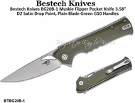 Bestech Knives BG20B-1 Muskie Flipper Pocket Knife 3.58" D2 Satin Drop Point, Plain Blade Green G10 Handles Bestech Knives BG20B-1 Muskie Flipper Pocket Knife 3.58" D2 Satin Drop Point, Plain Blade Green G10 Handles