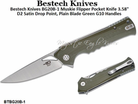 Bestech Knives BG20B-1 Muskie Flipper Pocket Knife 3.58" D2 Satin Drop Point, Plain Blade Green G10 Handles Bestech Knives BG20B-1 Muskie Flipper Pocket Knife 3.58" D2 Satin Drop Point, Plain Blade Green G10 Handles