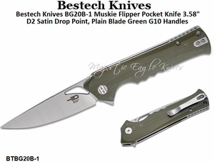 Bestech Knives BG20B-1 Muskie Flipper Pocket Knife 3.58" D2 Satin Drop Point, Plain Blade Green G10 Handles Bestech Knives BG20B-1 Muskie Flipper Pocket Knife 3.58" D2 Satin Drop Point, Plain Blade Green G10 Handles