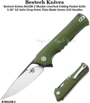 Bestech Knives BG20B-2 Muskie Linerlock Folding Pocket Knife 3.58" D2 Satin Drop Point, Plain Blade Green G10 Handles 