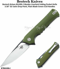 Bestech Knives BG20B-2 Muskie Linerlock Folding Pocket Knife 3.58" D2 Satin Drop Point, Plain Blade Green G10 Handles Bestech Knives BG20B-2 Muskie Linerlock Folding Pocket Knife 3.58" D2 Satin Drop Point, Plain Blade Green G10 Handles