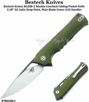 Bestech Knives BG20B-2 Muskie Linerlock Folding Pocket Knife 3.58" D2 Satin Drop Point, Plain Blade Green G10 Handles 