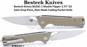Bestech Knives BG20C-1 Muskie Flipper Pocket Knife 3.75" D2 Satin Drop Point, Plain Blade Beige G10 handle & backspacer