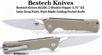 Bestech Knives BG20C-1 Muskie Flipper Pocket Knife 3.75" D2 Satin Drop Point, Plain Blade Beige G10 handle & backspacer Bestech Knives BG20C-1 Muskie Flipper Pocket Knife 3.75" D2 Satin Drop Point, Plain Blade Beige G10 handle & backspacer