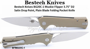 Bestech Knives BG20C-1 Muskie Flipper Pocket Knife 3.75" D2 Satin Drop Point, Plain Blade Beige G10 handle & backspacer