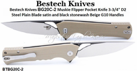 Bestech Knives BG20C-2 Muskie Flipper Pocket Knife 3-3/4" D2 Steel Plain Blade satin and black stonewash Beige G10 Handles Bestech Knives BG20C-2 Muskie Flipper Pocket Knife 3-3/4" D2 Steel Plain Blade satin and black stonewash Beige G10 Handles