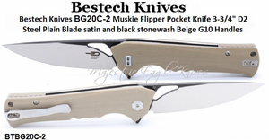 Bestech Knives BG20C-2 Muskie Flipper Pocket Knife 3-3/4" D2 Steel Plain Blade satin and black stonewash Beige G10 Handles 