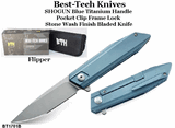 Bestech Knives BT1701B Flipper 3.75" S35VN Blue Titanium Handles Stonewashed Blade Knife