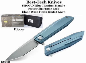 Bestech Knives BT1701B Flipper 3.75" S35VN Blue Titanium Handles Stonewashed Blade Knife