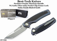 Bestech Knives BT1706A Predator Flipper 3.63" S35VN Two-Tone Tanto Blade, Purple Titanium Handles with Carbon Fiber Inlays Bestech Knives BT1706A Predator Flipper 3.63" S35VN Two-Tone Tanto Blade, Purple Titanium Handles with Carbon Fiber Inlays