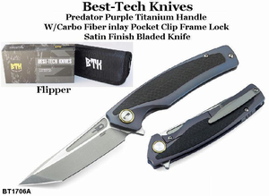 Bestech Knives BT1706A Predator Flipper 3.63" S35VN Two-Tone Tanto Blade, Purple Titanium Handles with Carbon Fiber Inlays