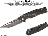 Bestech Knives BT1706C Preditor Flipper Pocket Knife 3.63" S35VN Two-Tone Tanto Plain Blade, Black Stonewash Titanium Handles with Carbon Fiber Inlays  