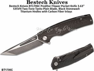 Bestech Knives BT1706C Preditor Flipper Pocket Knife 3.63" S35VN Two-Tone Tanto Plain Blade, Black Stonewash Titanium Handles with Carbon Fiber Inlays  
