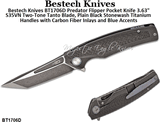 Bestech Knives BT1706D Predator Flipper Pocket Knife 3.63" S35VN Two-Tone Tanto Blade, Plain Black Stonewash Titanium Handles with Carbon Fiber Inlays and Blue Accents 
