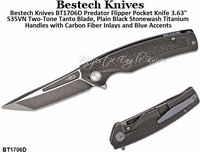 Bestech Knives BT1706D Predator Flipper Pocket Knife 3.63" S35VN Two-Tone Tanto Blade, Plain Black Stonewash Titanium Handles with Carbon Fiber Inlays and Blue Accents Bestech Knives BT1706D Predator Flipper Pocket Knife 3.63" S35VN Two-Tone Tanto Blade, Plain Black Stonewash Titanium Handles with Carbon Fiber Inlays and Blue Accents