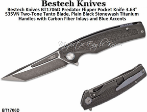 Bestech Knives BT1706D Predator Flipper Pocket Knife 3.63" S35VN Two-Tone Tanto Blade, Plain Black Stonewash Titanium Handles with Carbon Fiber Inlays and Blue Accents 