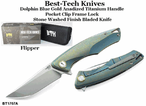 Bestech Knives BT1707A Dolphin Flipper 3.63" S35VN Stonewashed Blade, Green/Bronze Titanium Handled Knife