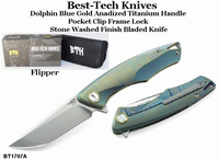Bestech Knives BT1707A Dolphin Flipper 3.63" S35VN Stonewashed Blade, Green/Bronze Titanium Handled Knife Bestech Knives BT1707A Dolphin Flipper 3.63" S35VN Stonewashed Blade, Green/Bronze Titanium Handled Knife