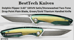 Bestech Knives BT1707D Dolphin Flipper 3.63" S35VN Satin/Stonewashed Two-Tone Drop Point Plain Blade, Green/Gold Titanium Handled Knife