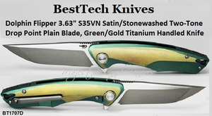Bestech Knives BT1707D Dolphin Flipper 3.63" S35VN Satin/Stonewashed Two-Tone Drop Point Plain Blade, Green/Gold Titanium Handled Knife