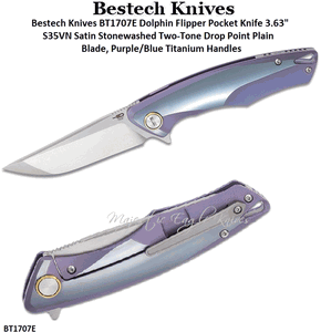 Bestech Knives BT1707E Dolphin Flipper Pocket Knife 3.63" S35VN Satin/Stonewashed Two-Tone Drop Point Plain Blade, Purple/Blue Titanium Handles