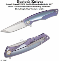 Bestech Knives BT1707E Dolphin Flipper Pocket Knife 3.63" S35VN Satin/Stonewashed Two-Tone Drop Point Plain Blade, Purple/Blue Titanium Handles Bestech Knives BT1707E Dolphin Flipper Pocket Knife 3.63" S35VN Satin/Stonewashed Two-Tone Drop Point Plain Blade, Purple/Blue Titanium Handles