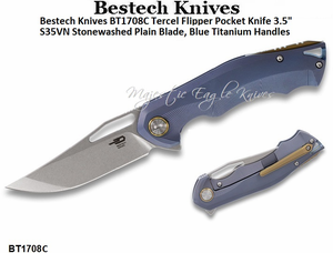 Bestech Knives BT1708C Tercel Flipper Pocket Knife 3.5" S35VN Stonewashed Plain Blue Titanium Handles 