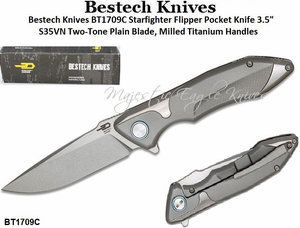 Bestech Knives BT1709C Starfighter Flipper Pocket Knife 3.5" S35VN Two-Tone Plain Blade, Milled Titanium Handles 