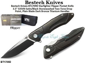 Bestech Knives BT1709D Starfighter Flipper Pocket Knife 3.5" S35VN Satin/Black Stonewashed Two-Tone Drop Point, Plain Blade Dark Bronze Titanium Handles 