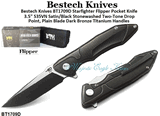 Bestech Knives BT1709D Starfighter Flipper Pocket Knife 3.5" S35VN Satin/Black Stonewashed Two-Tone Drop Point, Plain Blade Dark Bronze Titanium Handles 
