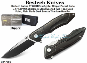 Bestech Knives BT1709D Starfighter Flipper Pocket Knife 3.5" S35VN Satin/Black Stonewashed Two-Tone Drop Point, Plain Blade Dark Bronze Titanium Handles Bestech Knives BT1709D Starfighter Flipper Pocket Knife 3.5" S35VN Satin/Black Stonewashed Two-Tone Drop Point, Plain Blade Dark Bronze Titanium Handles