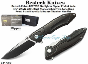 Bestech Knives BT1709D Starfighter Flipper Pocket Knife 3.5" S35VN Satin/Black Stonewashed Two-Tone Drop Point, Plain Blade Dark Bronze Titanium Handles Bestech Knives BT1709D Starfighter Flipper Pocket Knife 3.5" S35VN Satin/Black Stonewashed Two-Tone Drop Point, Plain Blade Dark Bronze Titanium Handles