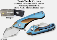 Bestech Knives BT1710B IMP Flipper 2" S35VN Stonewashed Plain Blade, Blue & Gold Titanium Handled Knife Bestech Knives BT1710B IMP Flipper 2" S35VN Stonewashed Plain Blade, Blue & Gold Titanium Handled Knife