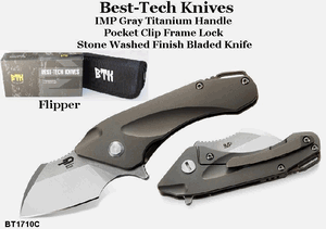 Bestech Knives BT1710C IMP Flipper 2" S35VN Stonewashed Plain Blade, Gray Titanium Handled Knife