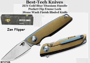 Bestech Knives BT1712A Bestech Zen Flipper Knife 2" S35VN Drop Point Blade, Gold and Blue Titanium Handled Knife