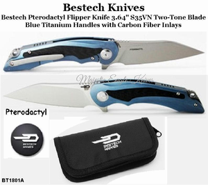 Bestech Knives BT1801A Bestech Pterodactyl Flipper Knife 3.64" S35VN Two-Tone Blade, Blue Titanium Handles with Carbon Fiber Inlays