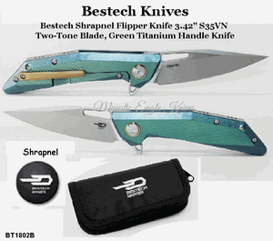 Bestech Knives BT1802B Bestech Shrapnel Flipper Knife 3.42" S35VN Two-Tone Blade, Green Titanium Handle Knife