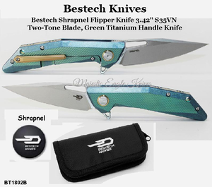 Bestech Knives BT1802B Bestech Shrapnel Flipper Knife 3.42" S35VN Two-Tone Blade, Green Titanium Handle Knife