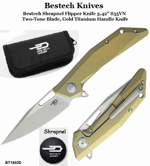 Bestech Knives BT1802D Bestech Shrapnel Flipper Knife 3.42" S35VN Two-Tone Blade, Gold Titanium Handle Knife