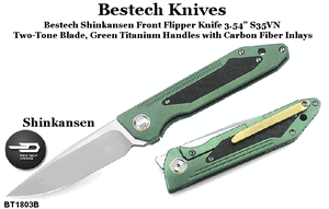 Bestech Knives BT1803B Bestech Shinkansen Front Flipper Knife 3.54" S35VN Two-Tone Blade, Green Titanium Handles with Carbon Fiber Inlays