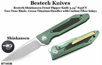 Bestech Knives BT1803B Bestech Shinkansen Front Flipper Knife 3.54" S35VN Two-Tone Blade, Green Titanium Handles with Carbon Fiber Inlays Bestech Knives BT1803B Bestech Shinkansen Front Flipper Knife 3.54" S35VN Two-Tone Blade, Green Titanium Handles with Carbon Fiber Inlays