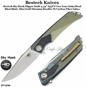 Bestech Knives BT1804B Bestech Sky Hawk Flipper Knife 3.54" S35VN Two-Tone Satin/Bead-Blast Blade, Blue/Gold Titanium Handles with Carbon Fiber Inlays