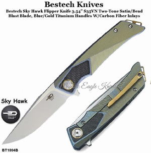 Bestech Knives BT1804B Bestech Sky Hawk Flipper Knife 3.54" S35VN Two-Tone Satin/Bead-Blast Blade, Blue/Gold Titanium Handles with Carbon Fiber Inlays