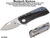 Bestech Knives BT1805A Engine Flipper Pocket Knife 2.375" Two-Tone Satin/Bead-Blast Drop Point, Plain Blade Titanium and Carbon Fiber Handles 