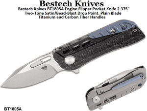 Bestech Knives BT1805A Engine Flipper Pocket Knife 2.375" Two-Tone Satin/Bead-Blast Drop Point, Plain Blade Titanium and Carbon Fiber Handles 